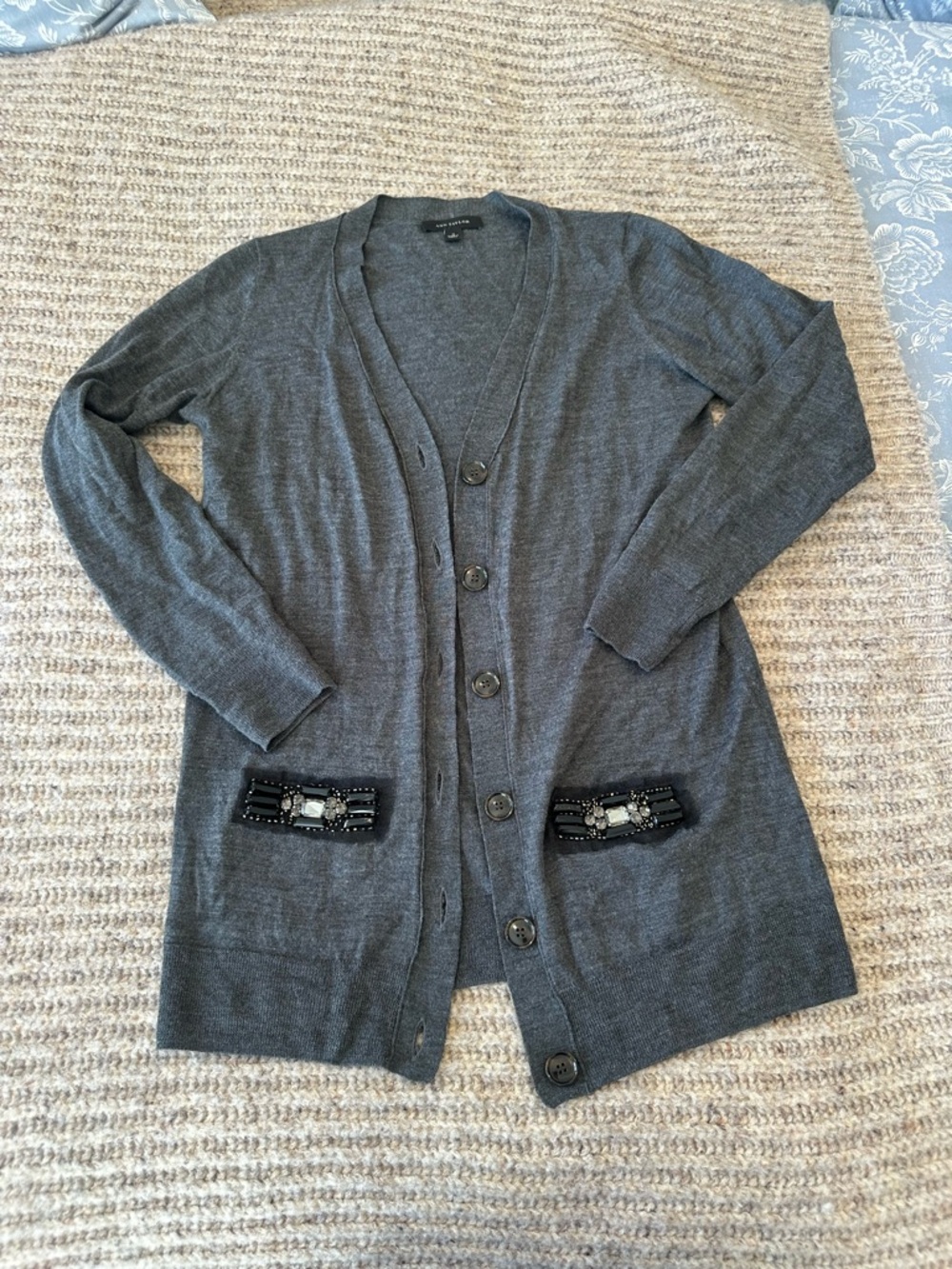 Ann Taylor Gray Beaded Pocket Long Cardigan Sweater - Women